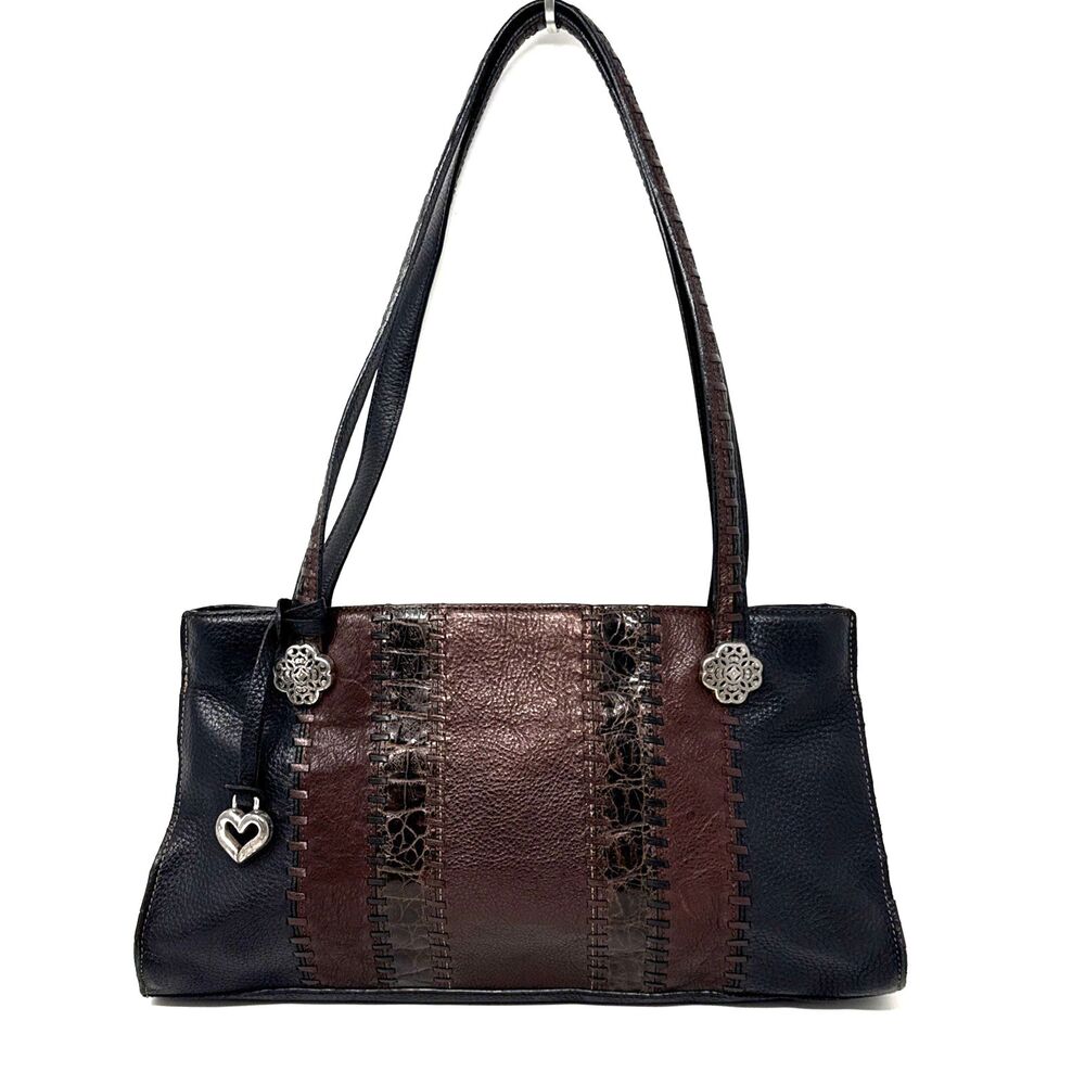 Brighton Leather East West Shoulder Tote Bag Black Pebbled Brown Croc Embossed